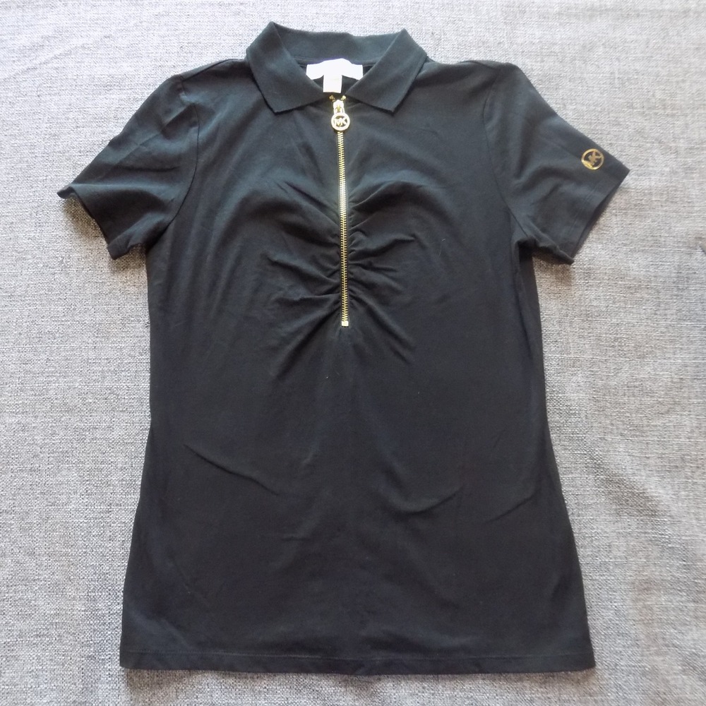 Michael Kors Polo Top Womens XS Black Excellent Half Zip Ruched Short Sleeve